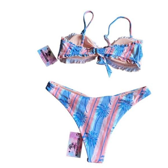 Sunsations Blue & Pink Palm Tree Bikini sz Large - Picture 2 of 6